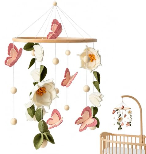 XPJBKC Baby Mobile - blommor och fjärilar, sängklocka i filt, mobil spjälsäng för baby, mobilt trävindspel för bebisar, present till spjälsäng, skötbord och kam, pojkar och flickor