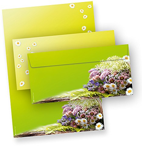 TATMOTIVE Briefpapier Set Grüner Frühling mit Blumen, mit Umschläge - 25 Sets - grün