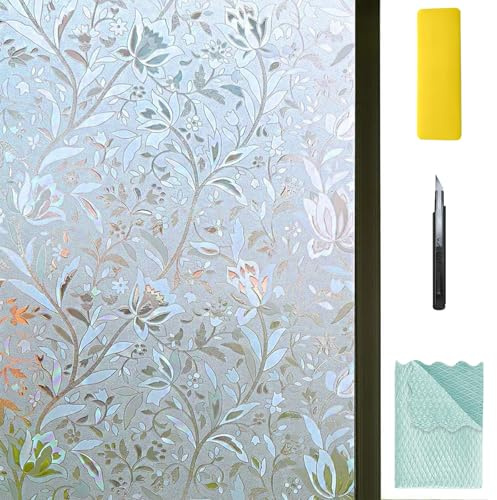 NIVIY Window Privacy Film with Installation Tools, Bathroom Stained Glass Decorative Window Clings, 3D Frosting Static Cling Windows Covering Decorative Flower Privacy Film for Home 17.7 x 78.7