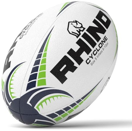 Rhino Rugby Ball Cyclone White/Navy/Green Size 4