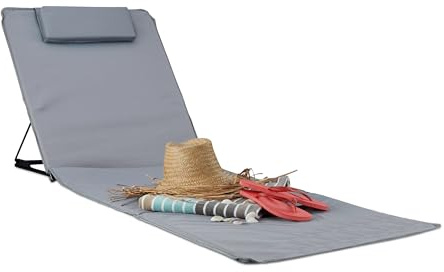 Relaxdays Strandmatte XXL, B x T: 60 x 195 cm, grau | gepolsterte Sonnenliege mit Kopfkissen, verstellbar, Tragetasche