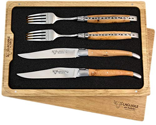 LAGUIOLE en Aubrac Premium Steakbesteck geschmiedet Set 2 Steakmesser und 2 Steakgabeln Wacholder