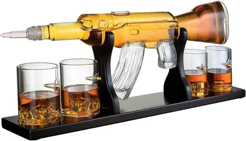 Decanter Per Pistola Grande Decanter Set Occhiali Proiettile - Edizione Limitata Elegante Pistola Fucile Whisky Decanter 22,5 1000ml Con 4 Bicchieri Da Whisky Proiettile E Base In Legno Mogano Di