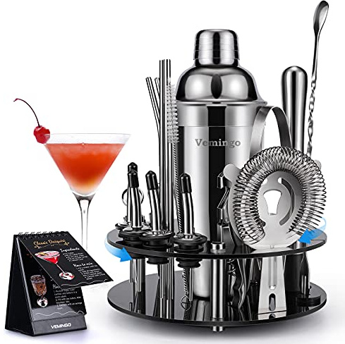 20 Teiliges Geschenkset Cocktail Set Shaker mit 360° Drehbarem Acryl Ständer | Cocktail Shaker Set Edelstahl | Cocktailshaker Geschenk Cocktail Bar Set Cocktailset Groß 750ML Cocktails Mixer
