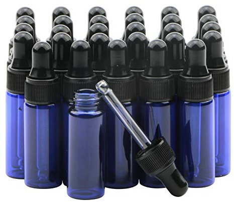 Rowiz 30 st 5 ml små droppflaskor eterisk olja glasflaska, lotionparfym provflaskor med glasögondroppare och svarta lock (blå)
