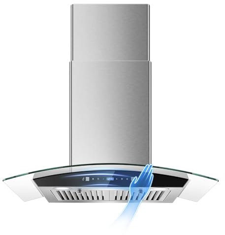 Range Hood 30 Inch, Tieasy Wall Mount Kitchen Hood with Ducted/Ductless Convertible Duct, Stainless Steel Chimney and Baffle Filters, Touch Control Fan Timer, LED Lights, 3 Speed Fan