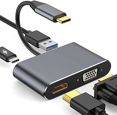 USB C auf HDMI VGA Multiport Adapter, USB Typ C 4 in 1 Hub auf 4K HDMI/VGA/USB3.0/PD, kompatibel mit MacBook Pro, MacBook Air, iPad Pro, Pixelbook, XPS usw
