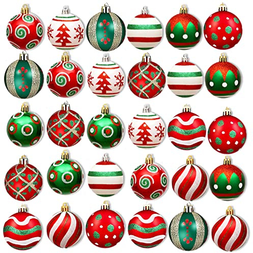 Weihnachtskugeln Weihnachtsbaumschmuck Set,30 Stück 60mm Kunststoff Weihnachtsbaumkugeln mit Aufhänger Weihnachtsbaum für Weihnachten Hochzeit Party (Rot Grun Weiß)