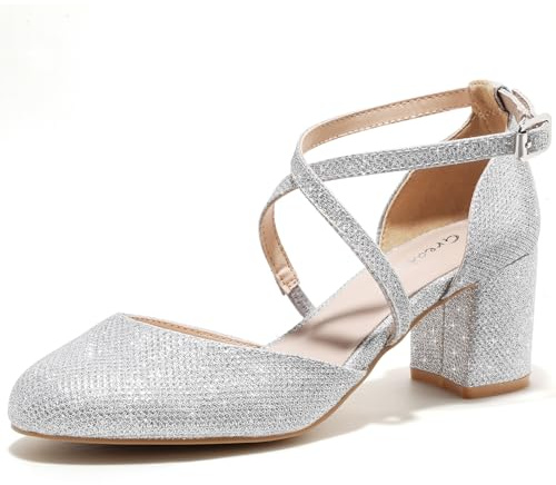 Greatonu Damen Pumps Riemchenpumps Spangenpumps Sandale mit Kreuz Knöchelriemen Blockabsatz Geschlossener Spitze Glitzer Pumps - Perfekt für Hochzeiten und Partys Silber Glitzer 40 EU
