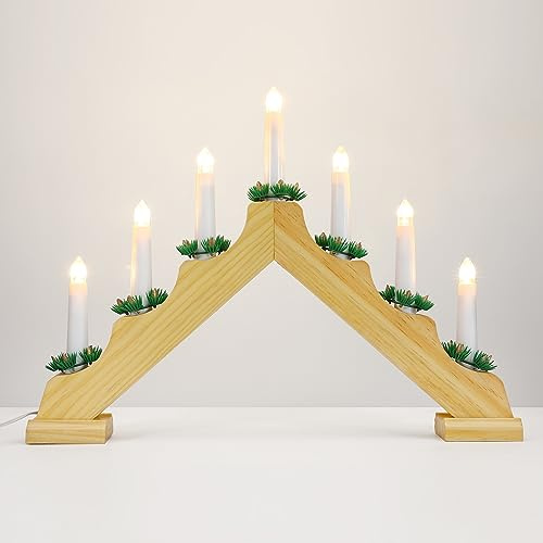 Lewondr Christmas Swedish Candelabra, Electric Candles with 7 Flameless Taper Candles, USB Powered Wooden Candle Bridge Light with Pine Needles, Decorative Xmas Candle Lights for Windows Wedding, Wood
