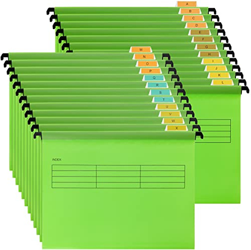 MUKLEI Lot de 24 dossiers suspendus A4, dossiers suspendus avec onglets, inserts de cartes, dossiers intérieurs A4, classeur suspendu pour tiroir, bureau, maison, école, vert
