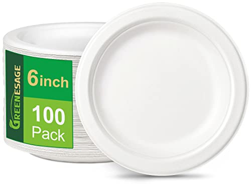GREENESAGE Einwegteller 100 Stück Pappteller 15CM Weiß Rund Einweggeschirr klein Partyteller Zuckerrohr Einweg Geschirr Einmalteller Biologisch Abbaubares