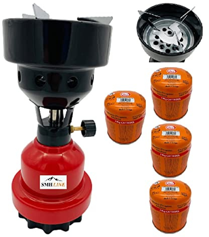 SMH LINE® Campingkocher Kohleanzünder Gaskocher Grillanzünder + 4x Gaskartuschen 190g Stechkartuschen Butan Propan Mix Metall Gasbrenner Grill Camping Outdoor (Rot + 4x 190g Gaskartuschen)