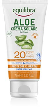 equilibra Solari, Aloe Crema Solare SPF 20 Travel Size, a Base di Aloe Vera, Vitamina C ed E, Olio di Argan, Olio di Cocco e Burro di Karité, Per un'Abbronzatura Sana e Naturale, Water Resistant, 75ml