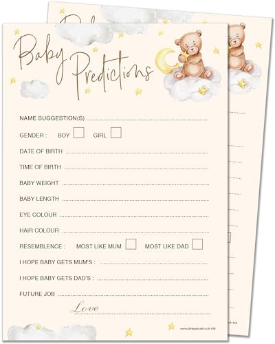 20 x Baby-Vorhersagekarten von Olivia Samuel – Babyparty-Spiel – Unisex, neutrales Teddybär-Design, hergestellt in Großbritannien