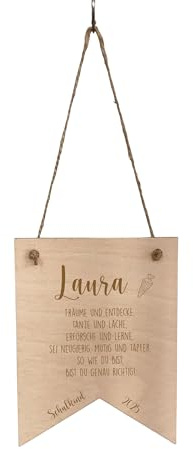 Personalisierter Wimpel aus Holz für Kinder | Mutmacher Holzschild Kinderzimmer mit Name | Deko Wimpelkette mit Mutmachspruch Schulkind Träume und Entdecke