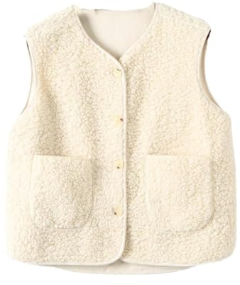 Automne Hiver Laine Peau de Mouton Veste Sans Manches Femmes Épais Gilet Lâche Peluche Faux Cuir Gilets Polaire Manteau, blanc, L