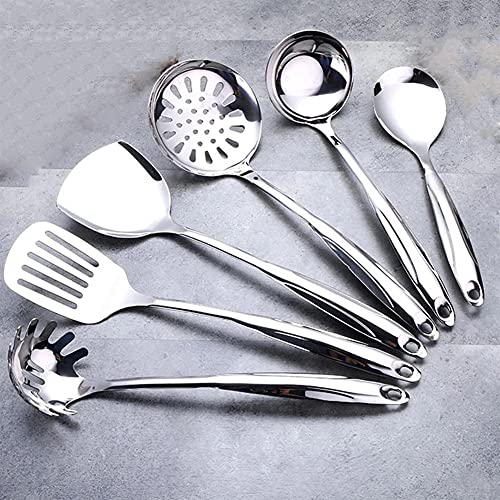 SkVLf Juego de utensilios de cocina de acero inoxidable resistentes al calor con espátula antiadherente, cuchara sopera y volteador de pala especial - Kit completo de herramientas de cocina