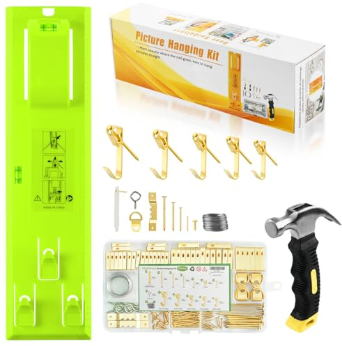 Stalishare Picture Hanging Kit, Goodsnova Picture Hanging Tool with Level for Easy Marking Position, Including 218PCS Instaframe Hanging Kit with Hooks, Nails, Wires, Hammer for Art/ Photos (Green)