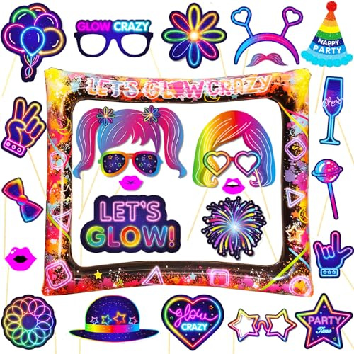 LMSHOWOWO 25 Stück Glow Fotobox Requisiten, Neon Party Fotobox Accessoires, Aufblasbarer Fotorahmen, Lila Foto Requisiten, Foto Booth Props, für Geburtstag Karneval Disco Party Zubehör Deko Gadgets