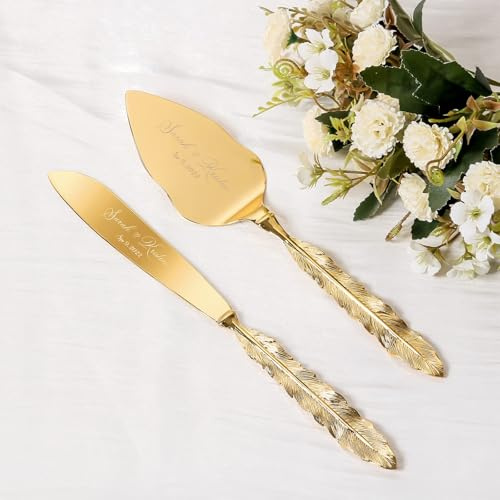 TUKDAK Tortenheber inkl. Tortenmesser im Set mit Gravur, Personalisiert Tortenheber und Servier Set, Gold Tortenmesser Hochzeit, Hochzeitsgeschenke für Brautpaare, Geburtstag, Jahrestag (Feder)