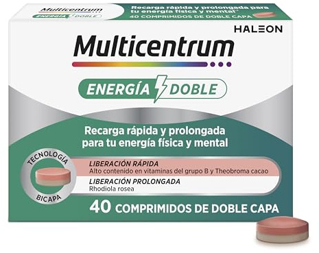 Multicentrum Energía Doble, Complemento Alimenticio, 40 Comprimidos | Vitaminas grupo B, biotina, Rhodiola rosea, Theobroma cacao, doble capa, energía física y mental, sin gluten, apto veganos