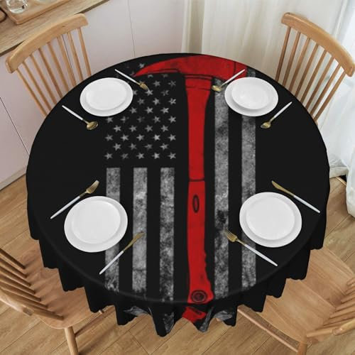 Cykazhst Firefighter Axe Red Line Flag Round Tablecloth 150cm, Wipe Clean Tablecloths Waterproof Polyester Table Cover For Home Dinning Kitchen Party Outdoor Picnic