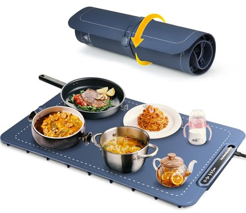 Vinato Warmhalteplatte für Lebensmittel, Tragbare und faltbare Warmhalteplatten, einstellbare Temperaturregelung, Silikon-Warmhalteplatte zum Aufwärmen, Auftauen und Warmhalten von Speisen