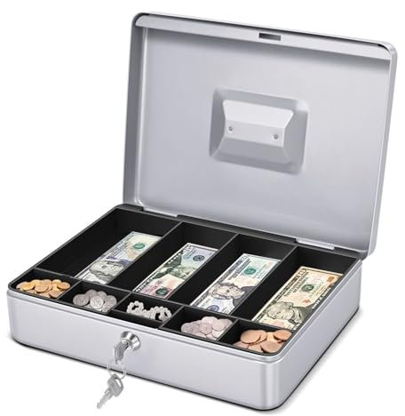Flexzion Cash Box with Money Tray and Lock - Metal Cash Box for Small Businesses, 9-Compartment Silver Money Box with Removable Tray and Key, Portable Storage for Checks and Coins