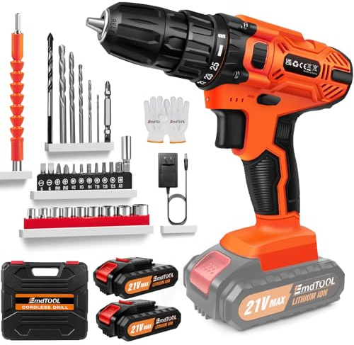 21V Cordless Drill Driver，Handheld Screwdriver Drill Set with 29PCS Drill Bits, 2 X 1500mAh Batteries,25+1 Torque Setting, 45N.m Max,2 Variable Speed, LED Light for Home DIY Project (Orange)