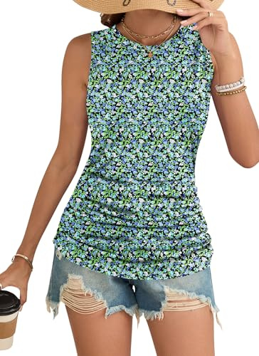WNEEDU Camiseta Mujer Sin Mangas Verano Basica Cuello Redondo Camisa Corte Ajustado Sexy Elegantes Tops Blusas Shirts Flor Verde Azulada M