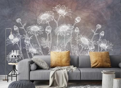 Fototapete Schlafzimmer Kinderzimmer 3D Tapeten 3D Effekt Wohnzimmer Moderne Minimalist Hand Gemalt Weiße Linie Sonnenblume Hintergrund Wand 350cmx245cm Natur Grau Wandposter Mustertapete