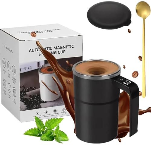 NNBWLMAEE 12oz Electric Magnetic Stirring Coffee Mug, Self Stirring, Digital Display, Automatic, Black, 13oz, Modern Style, Office, Car, Home, Travel, Outdoor Use