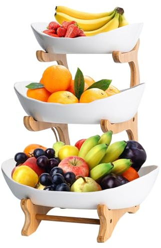 3 Pisos Frutero con Pararse Madera Bambú Estable, Cesta Frutas Cerámica Posición Vertical, Fruteros Encimera Cocina Modernos, Soporte Cuencos Decoración para Verduras, Aperitivo, Panes (Blanco)