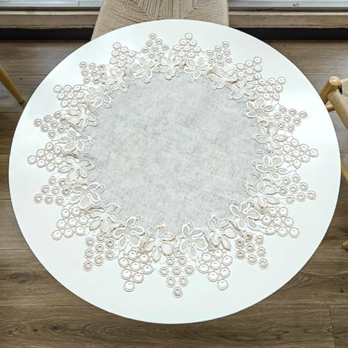 URROMA Rundes Deckchen aus Leinen, Traubenspitze, Leinen, runde Tischdecke, Abdeckung f黵 Couchtisch, f黵 Esszimmer, K點he, Hochzeitsdekoration (60 x 60 cm)