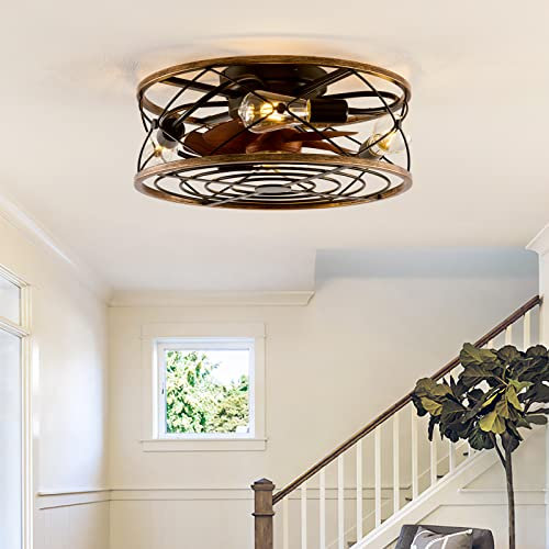 White Caged Low Profile Ceiling Fan with Light Dc 19.6in Industrial Retro Ceiling Fans with Lamps Silent E27 Interface Timer Reversible Vintage Ceiling Fan Chandelier for Bedroom Bar