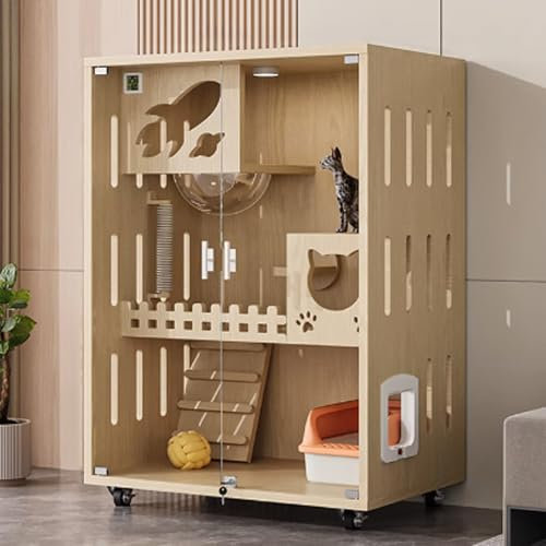 GUQASDV Jaula para Gatos Madera, Casa para Gatos Interior, Jaula Gatos Balcon, Casita para Gatos con Luz Nocturna LED y Ruedas Universales(Natural,90x60x120cm)