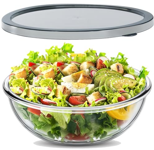 EWAFILU Große Glas-Rührschüssel mit Deckel, klares Glas, Salat-Kochschüsseln für Sauerteig, Salat und Aufbewahrung, Vorbereitung und Backen von Lebensmittelaufbewahrungsset, 6,2 l