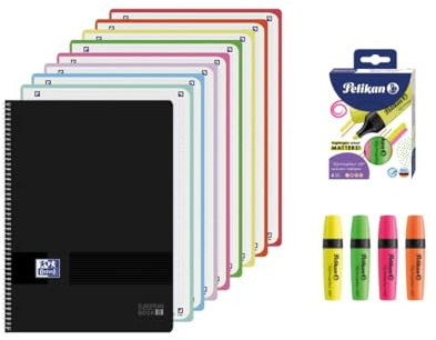 Oxford, Cuaderno A4, 8 Bandas de Color, 160 Hojas Microperforadas 5x5, Tapa Plástico en Negro, Incluye 4 Subrayadores Pelikan Colores Neón