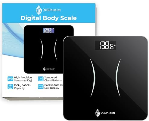 XShield Digital Bathroom Scale | High Precision Body Weight Scale with 180kg/400lb Capacity | Backlit LCD Display, Tempered Glass, Auto Calibration & Anti-Slip Feet | 2×AAA Batteries Included