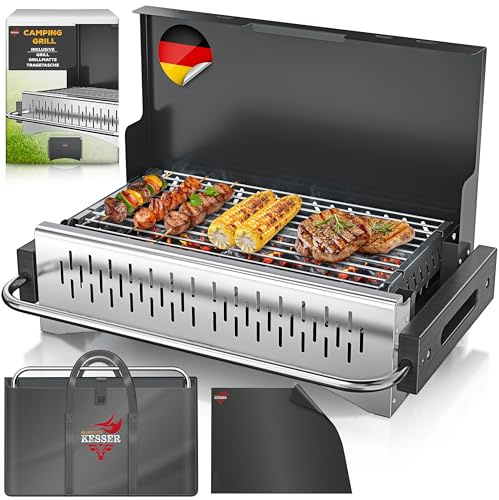 KESSER® Barbecue pieghevole portatile da campeggio, barbecue a carbonella in acciaio verniciato a polvere, con griglia, tappetino e borsa per il trasporto, pieghevole, ideale per campeggio, picnic e