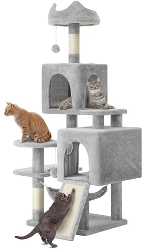 YITAHOME Large Cats Tree, 137 cm Tall, XL Tree, with 2 Sisal Posts, 1 Scratching Post, 1 Platform, 2 Caves, Hammock, Plush Balls, Scratching Board, Climbing Tree for Cats, Light grey