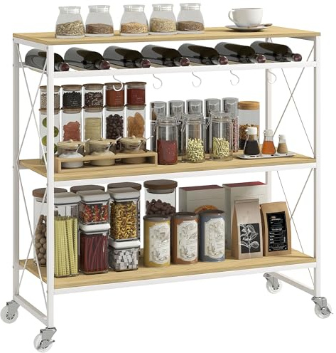 HOMCOM Carrello da Cucina a 4 Livelli con Portabottiglie e 5 Ganci Rimovibili, Carrello Portavivande Salvaspazio con Ruote a Freno in Legno e Metallo, 96.5x38x96.7 cm, Color Legno