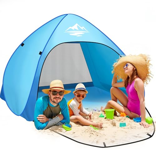Purebox Strandmuschel Pop Up 3-4 Personen Modelle, Pop Up Strandmuschel mit UV Schutz, UPF 50+ Strandzelt, Automatisches Tragbarer Strandzelt Wurfzelt für Familie Camping Garten Strand 240x200x135cm