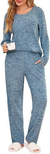 Vlazom Pyjamas for Women, Ladies 2 Piece Outfits Loungewear Sets Soft Ribbed Leisure Suits Pyjamas Set Long Sleeve Jumpers and Wide Leg Pants with Drawstring & Pockets Blue,L
