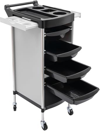 Carrito de peluquería profesional en color blanco - Carrito de trabajo de salón móvil con 4 cajones y ruedas, práctico carrito de servicio para peluqueros y estilistas, carrito spa para el cuidado del