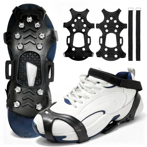 Spikes für Schuhe Winter, Steigeisen Schuhspikes mit 11 Edelstahl Zähne Noppen, Grödel Steigeisen für Mann Frau, Anti Rutsch Schuhspikes für Gehen Wandern Trekking Eisfischen Winter Outdoor(M)