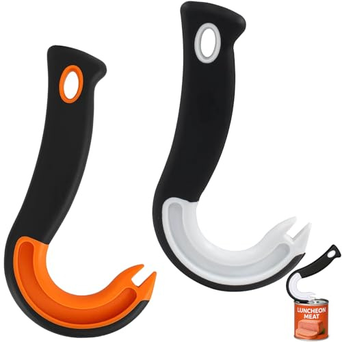 J-Shaped Can Opener, Easy Open Ring Pull Can Opener Aid, Manual Tin Opener for Arthritic Hands, Compact Kitchen Tool with Ergonomic Design, 2-Pack (Black/White + Black/Orange)