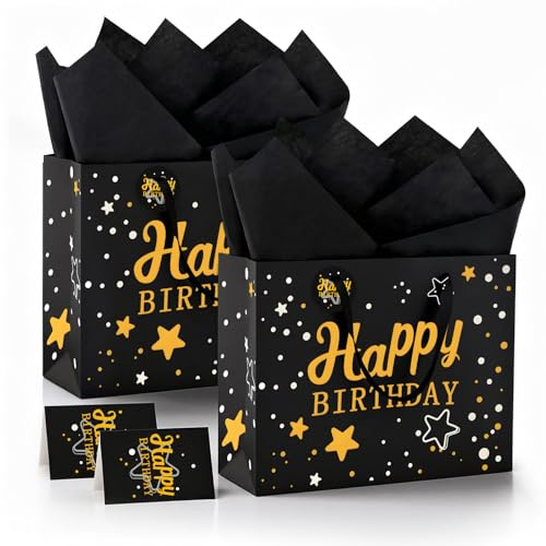 2 Pezzi Grandi Sacchetti Regalo per Compleanno, Lussuosi Sacchetti Regalo in Nero E Oro Con Biglietto D'auguri E Carta Velina, Saccheti Regalo per Feste (33 Cm X 12 Cm X 26 Cm)