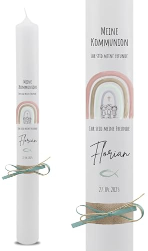 VILLA ROSA LOTTA – Personalisierbare Kommunionkerze „Florian“ mit Wunschdaten, Rückseite und Holzbox | Regenbogen Rosa Spruch | 40 cm x 4 cm | für Jungen und Mädchen | Altarkerze elfenbein